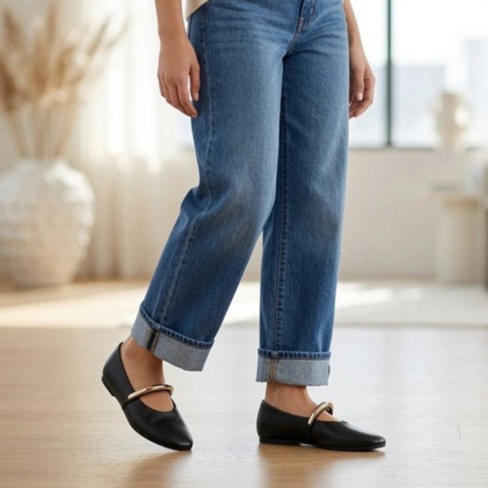 I.N.C Rahmi Women's Mary Jane Flats Blk Gold Metal Strap Size 8 NWT